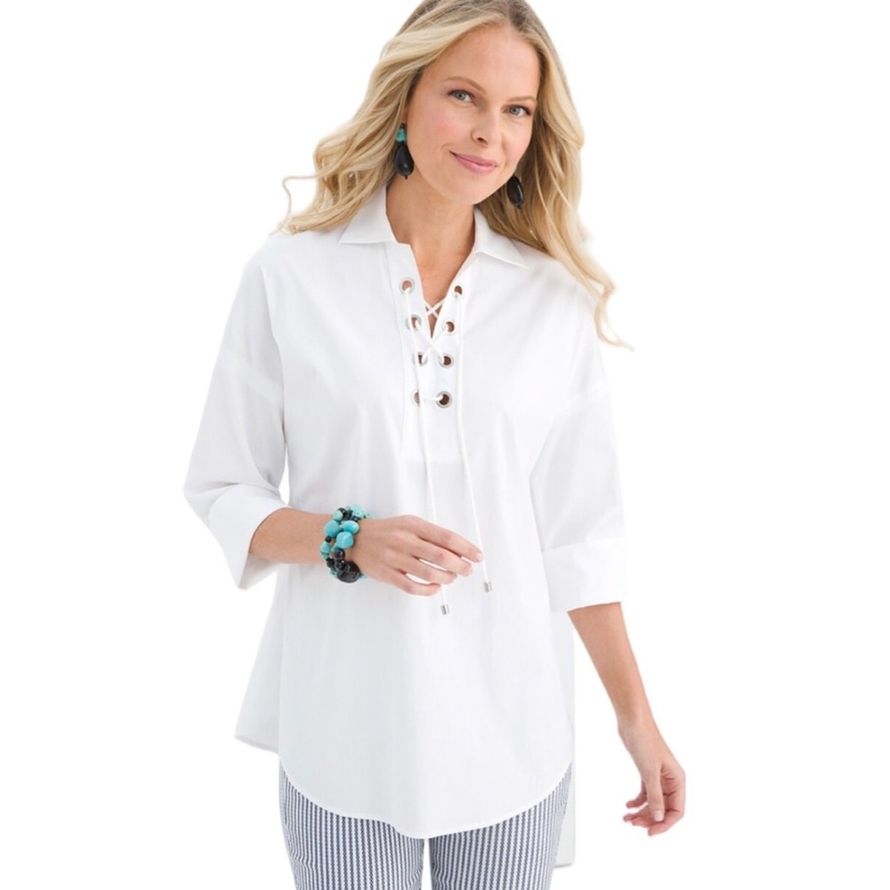 Chico's Tie-Neck Poplin Dolman Popover Blouse Women White Size 1 M 8-10 $43